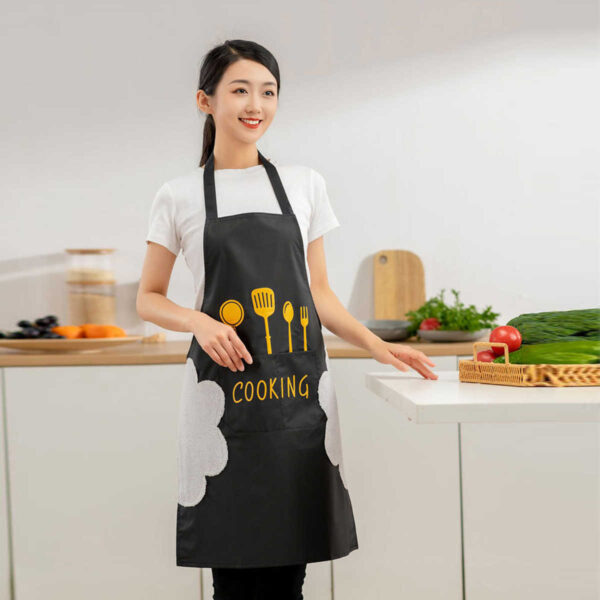Kitchen apron waterproof and oilproof  with hand wiping towel and big pocket.